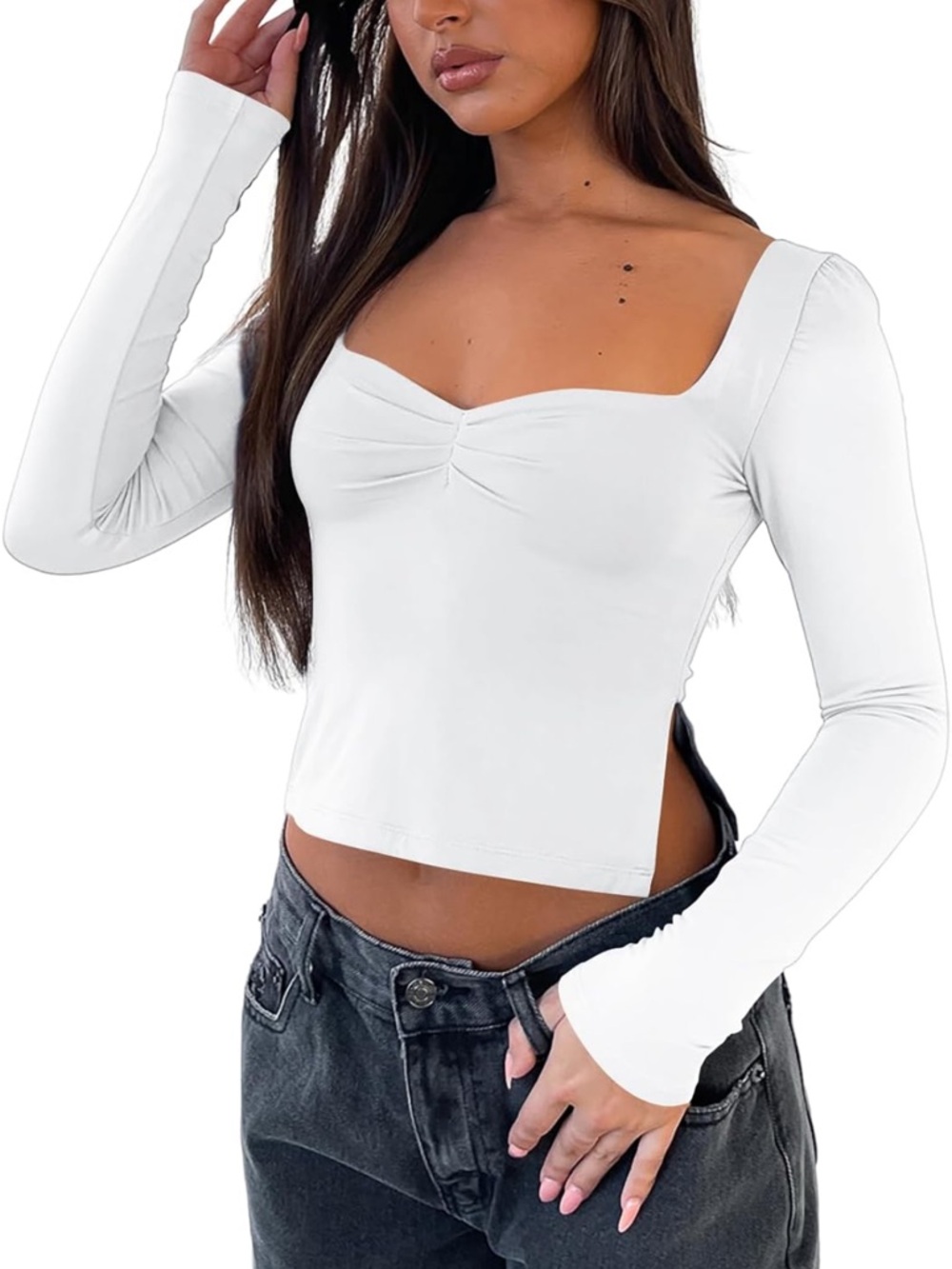 White Long Sleeve Square Neck Crop Top - Picture 2 of 5
